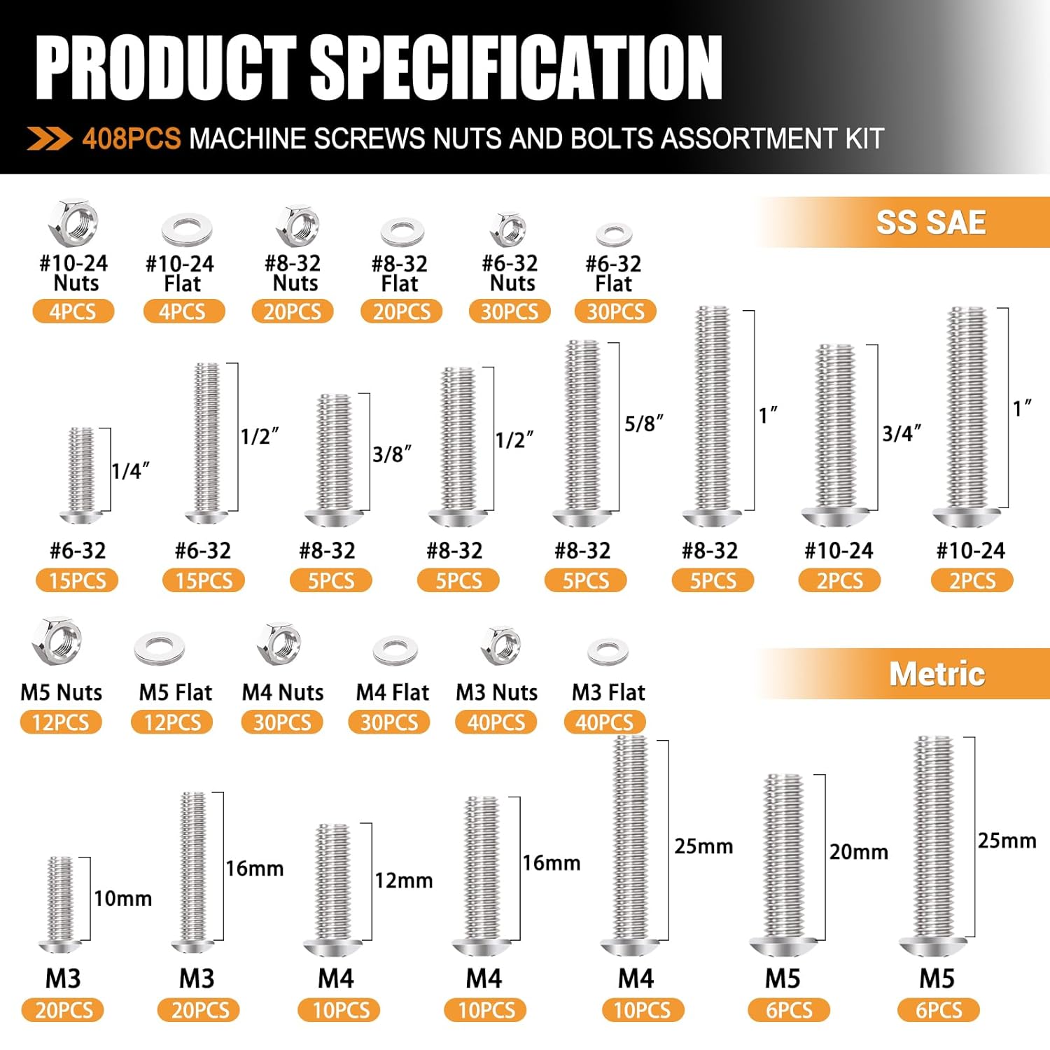408PCS Machine Screws Nuts and Bolts Assortment Kit (# 6-32/# 8-32/#10-24 & M3/M4/M5) SAE & Metric 304 Stainless