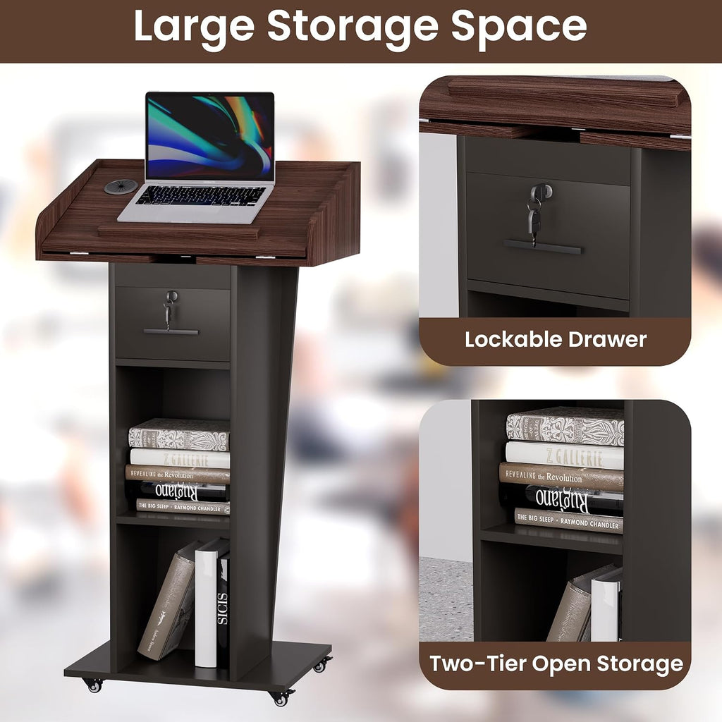 Podium Stand with Adjustable-Angle Tabletop, Wheels & Lockable Drawer