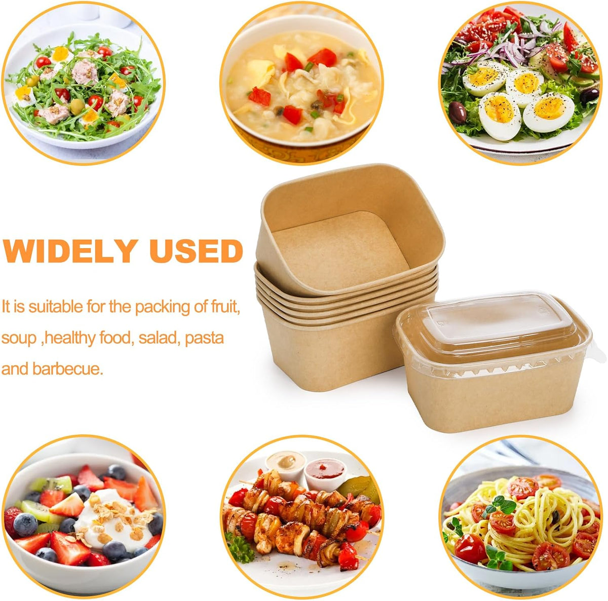 50 Pack Compostable Rectangular Kraft Paper Bowls, 32 Oz Disposable Cardboard Meal Prep Container with Lid, Microwave