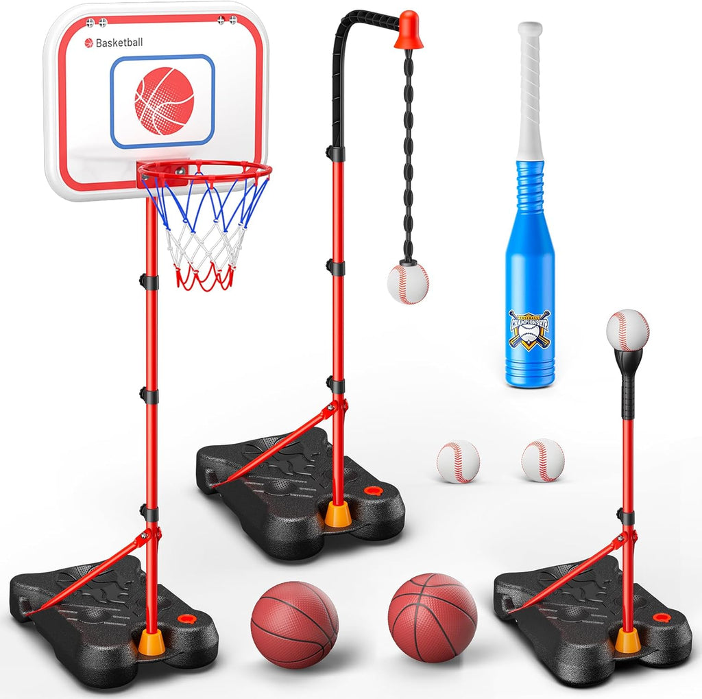 2 in 1 Kids Basketball Hoop and T Ball Set | Adjustable Basketball Stand,Hanging Tee Baseball for Toddlers Boys Girls