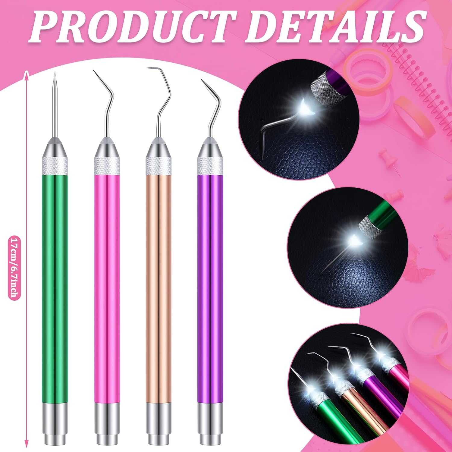 4 Pcs LED Weeding Tools for Vinyl with Light Weeding Tool with 5 Different Hooks Lighted Pin Pen Tool for Removing