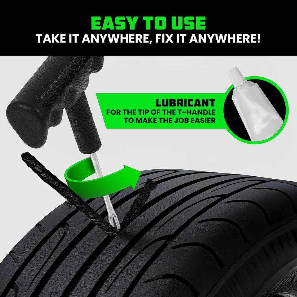 Compact Tire Repair Kit (14-Piece) – Heavy Duty Plug Set with Included Lubricant to Fix Punctures and Seal Flats –