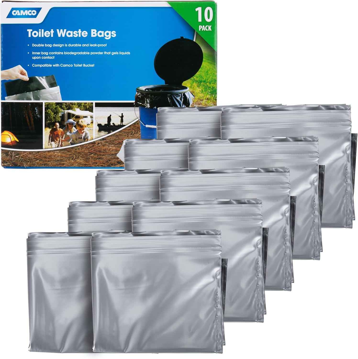 Toilet Waste Bags - Features a Biodegradable Powder & Leak Proof Double Bag Design - Great for Camping, RVing