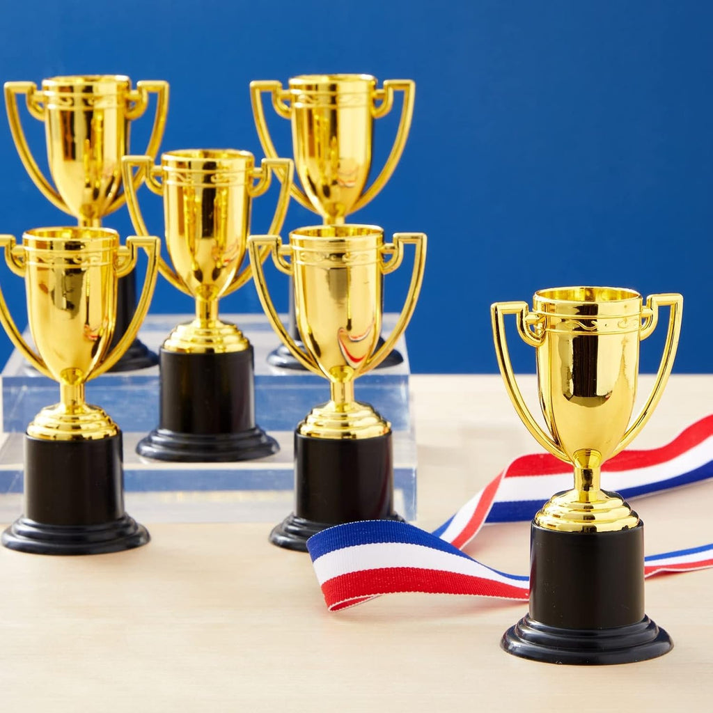 Mini Trophies Bulk - 4 in, Gold-Plated Plastic, 24-Pack - Trophies for Kids & Adults - Sports, School & Party Awards