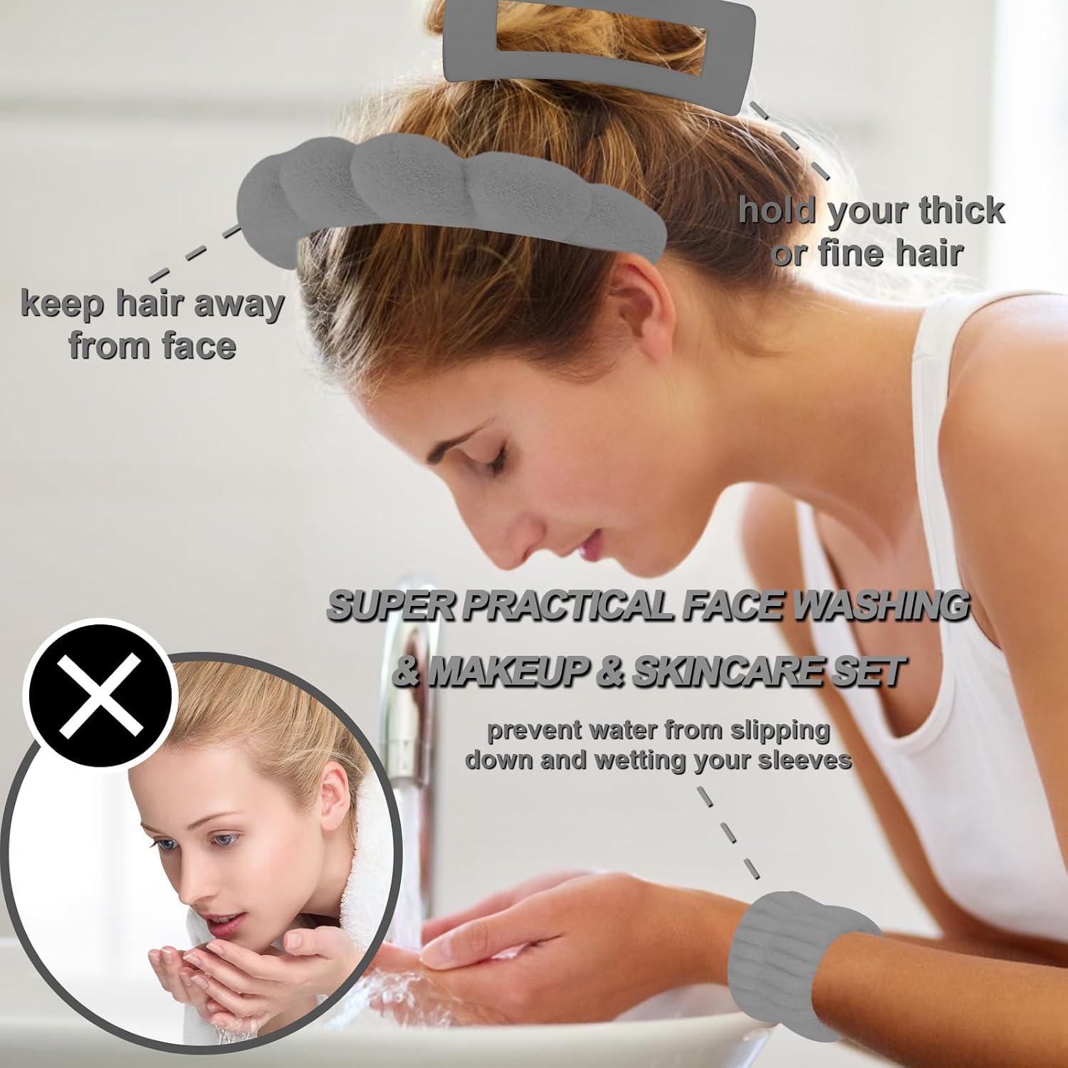Sponge Spa Headbands Wristband Set with Hair Clips Skincare Headbands for Washing Face Non Slip Puffy Terry Cloth