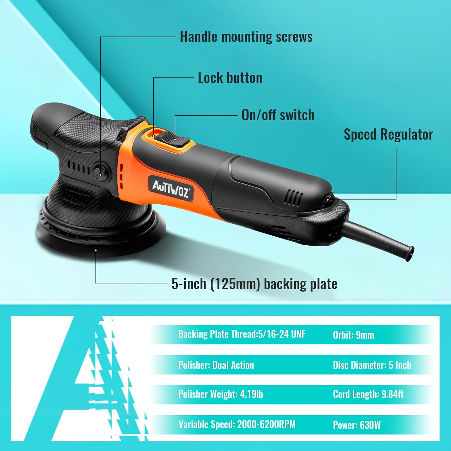 5 Inch DA Polisher for Car Detailing, 9mm Random Orbital Polisher Buffer, 6 Speeds 2000-6200RPM, 630W Auto Polishing