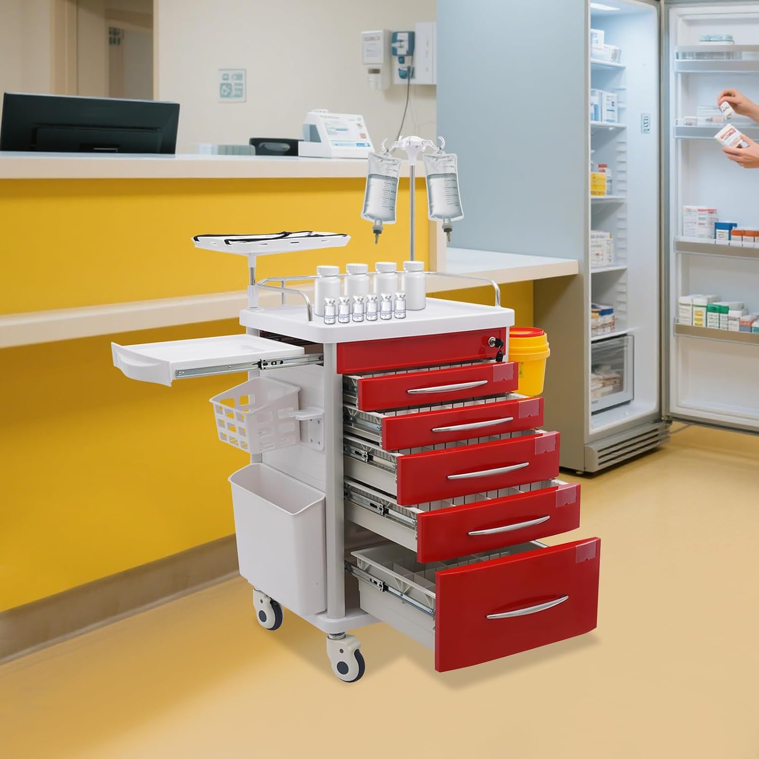 Medical Rolling Crash Cart with Accessories-CPR Board, 2 Trash Bin, Drawers with Dividers, Mobile Medical Cart for