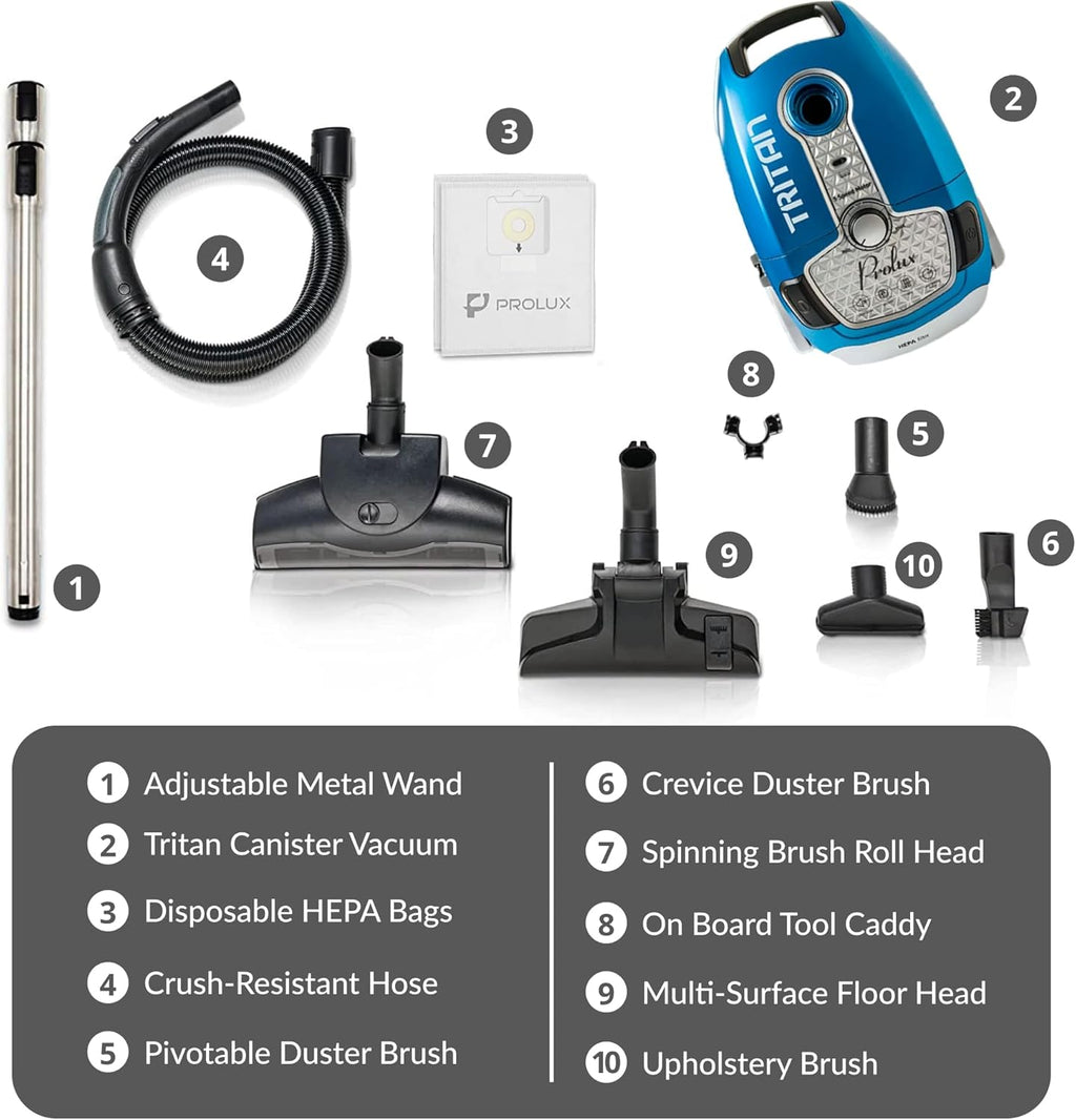 Tritan Bagged Canister Vacuum Cleaner, HEPA Filtration, Complete Home Care Tool Kit, Pet Hair No More, Adjustable