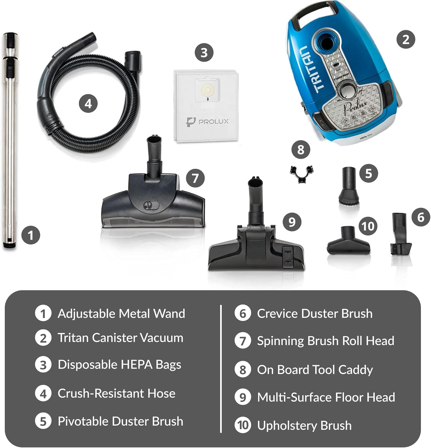 Tritan Bagged Canister Vacuum Cleaner, HEPA Filtration, Complete Home Care Tool Kit, Pet Hair No More, Adjustable