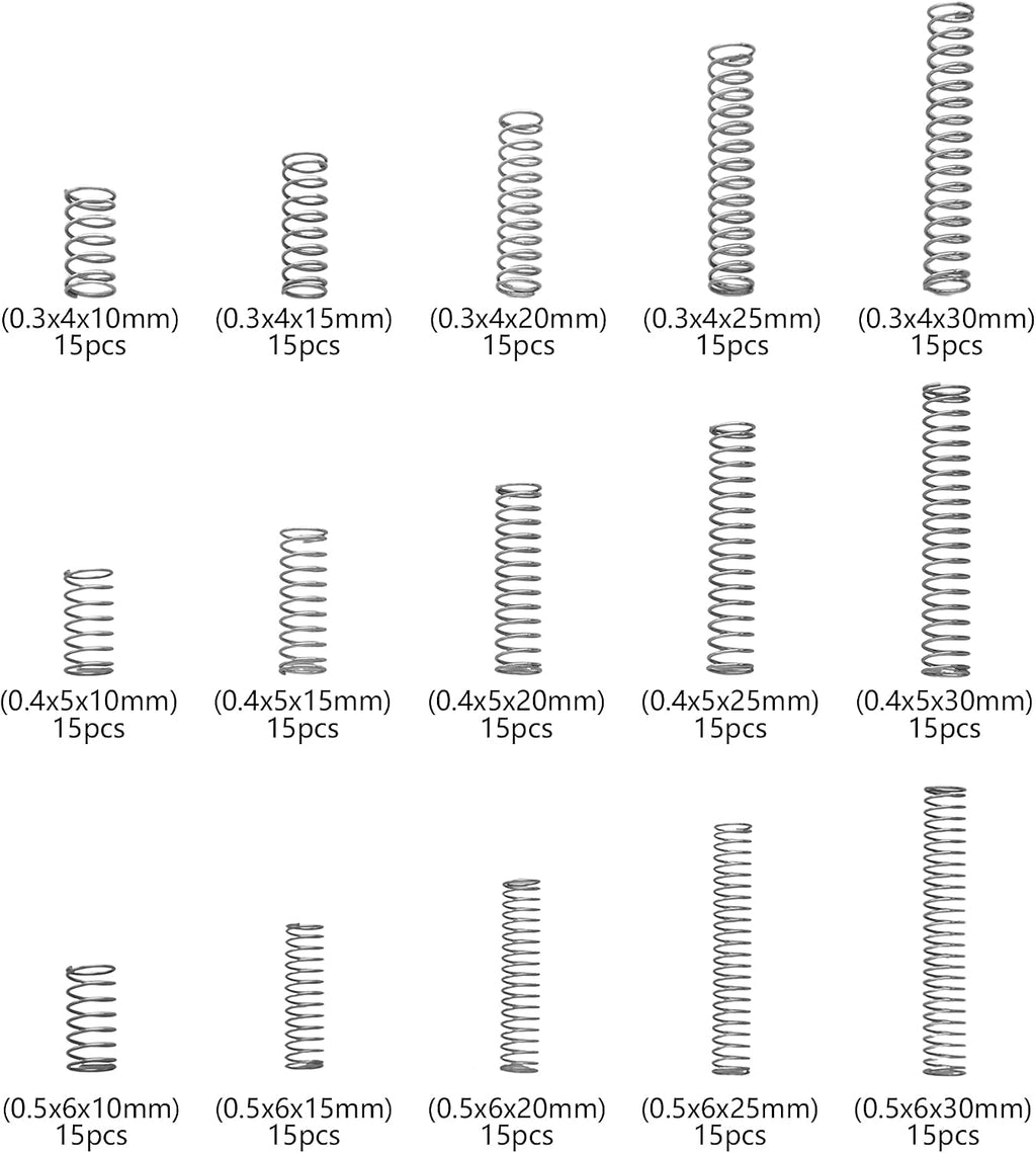 Compression Springs Assortment Kit, 15 Different Sizes 225pcs Mini Stainless Steel Springs for Repairs, 0.39" to
