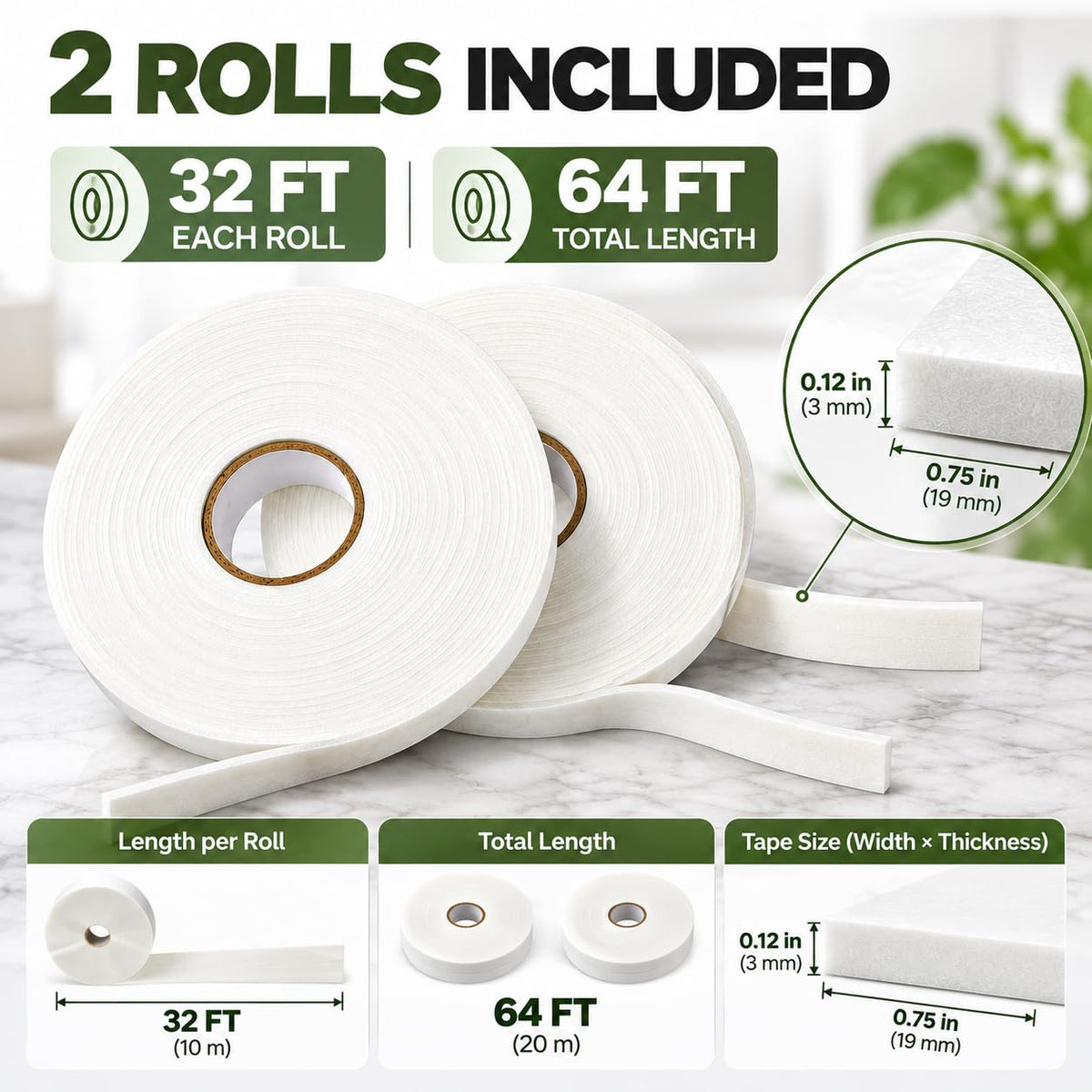 Double Sided White PE Foam Tape 0.32FT x 32FT Sponge Mount Adhesive