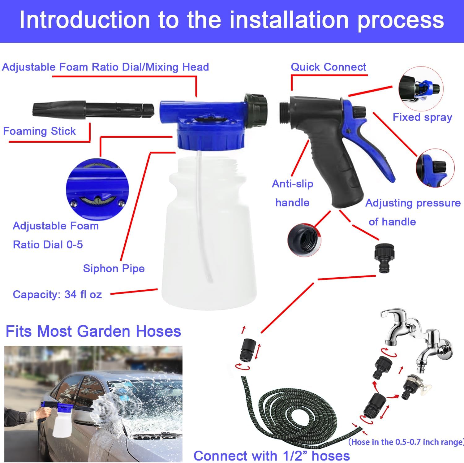 Car Wash Kit with Foam Gun, Bucket and Cleaning Tool, Car Washing Kit | Includes Wash Mitt Tire Brush Sponge Towels