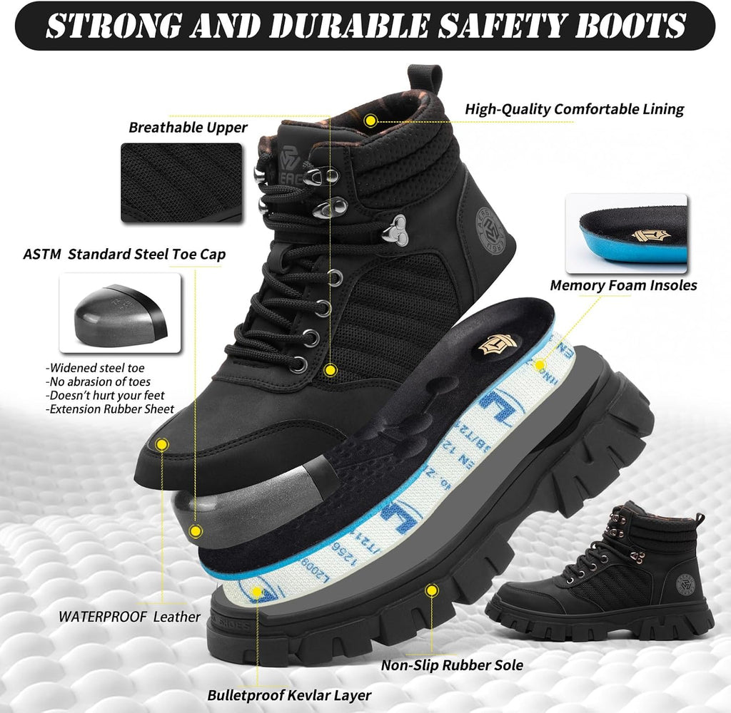 Waterproof Steel Toe Boots For Men-6 Inch Comfortable Mens Safety Work Boots Indestructible Steel Toe Shoes