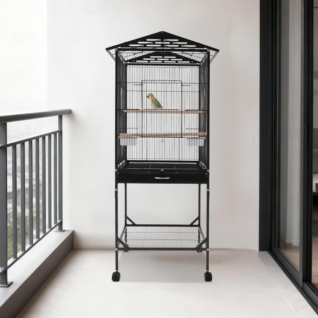 Large Heavy Duty Wrought Iron Bird Cage with Open Play Top Area & Rolling Stand, Spacious Flight Cage for Parrots