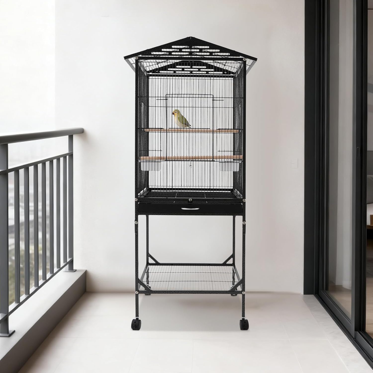 Large Heavy Duty Wrought Iron Bird Cage with Open Play Top Area & Rolling Stand, Spacious Flight Cage for Parrots