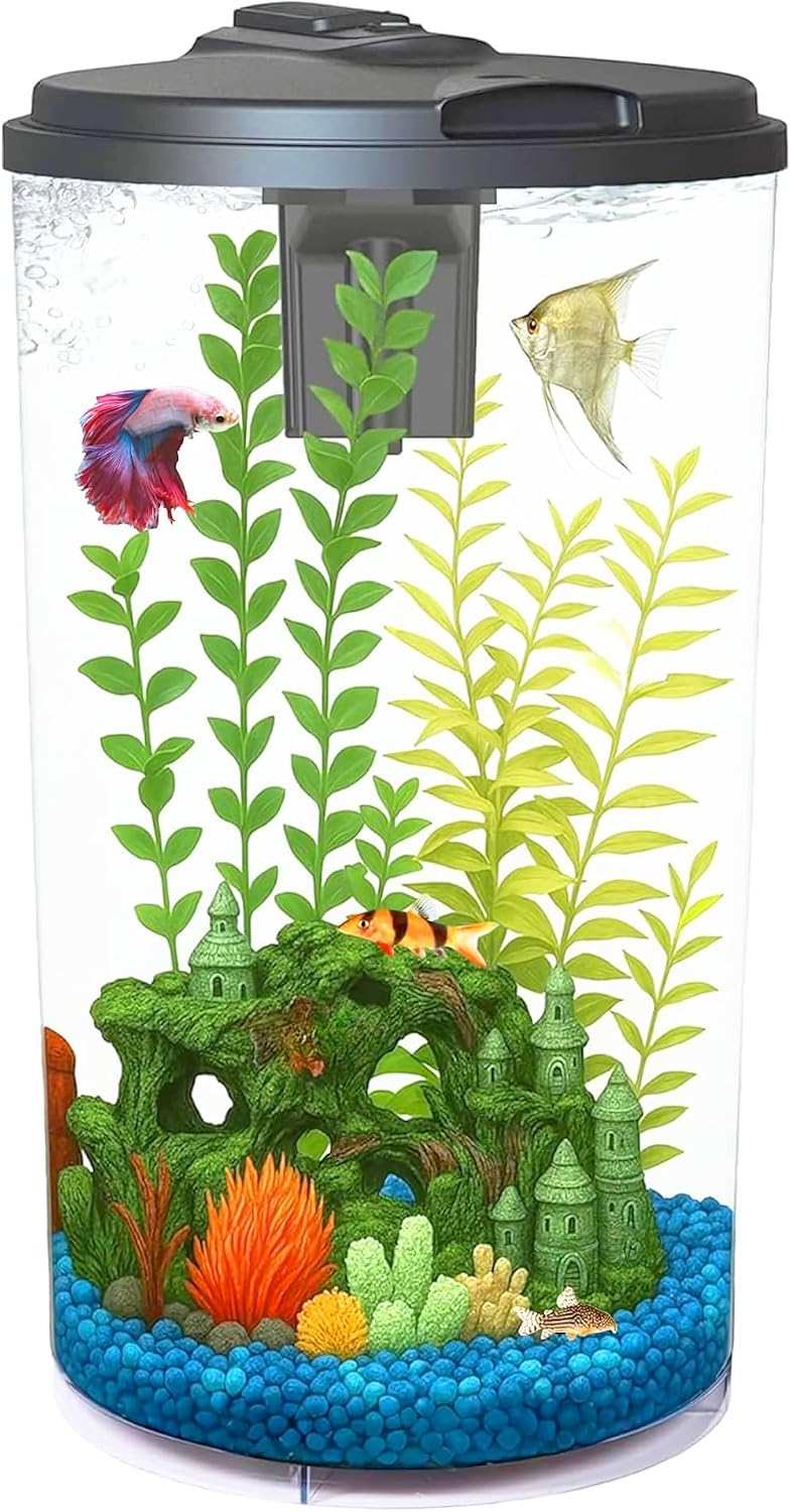 Plastic 6-Gallon AquaView 360 Aquarium Kit for Tropical Fish, Betta Fish with LED Lighting and Power Filter Clear