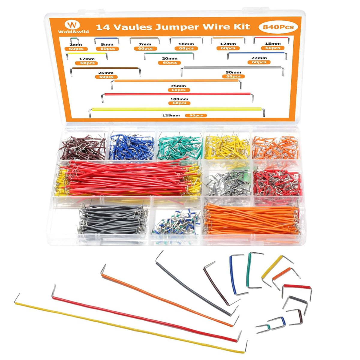 840 Pcs Breadboard Jumper Wires Kit, 14 Vaules 2-125mm Solderless Flexible Connecting Cables, Breadboard Connecting Line Cables, Pre-Stripped & Pre-Formed Right Angles, for Arduino, PCB Circuit Boards