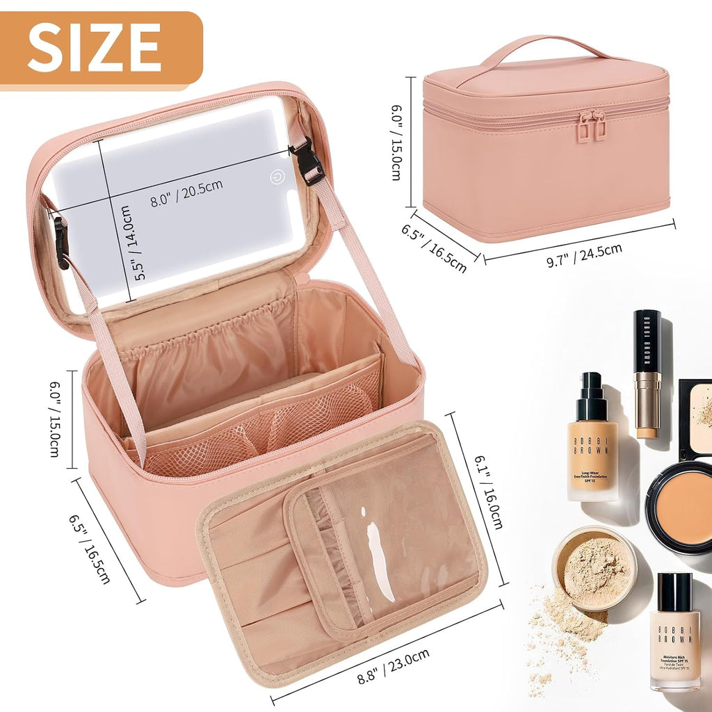 Makeup Bag With LED Mirror, Lightweight Travel Makeup Bag With 3 Color Setting Light Up Mirror Cosmetic Makeup