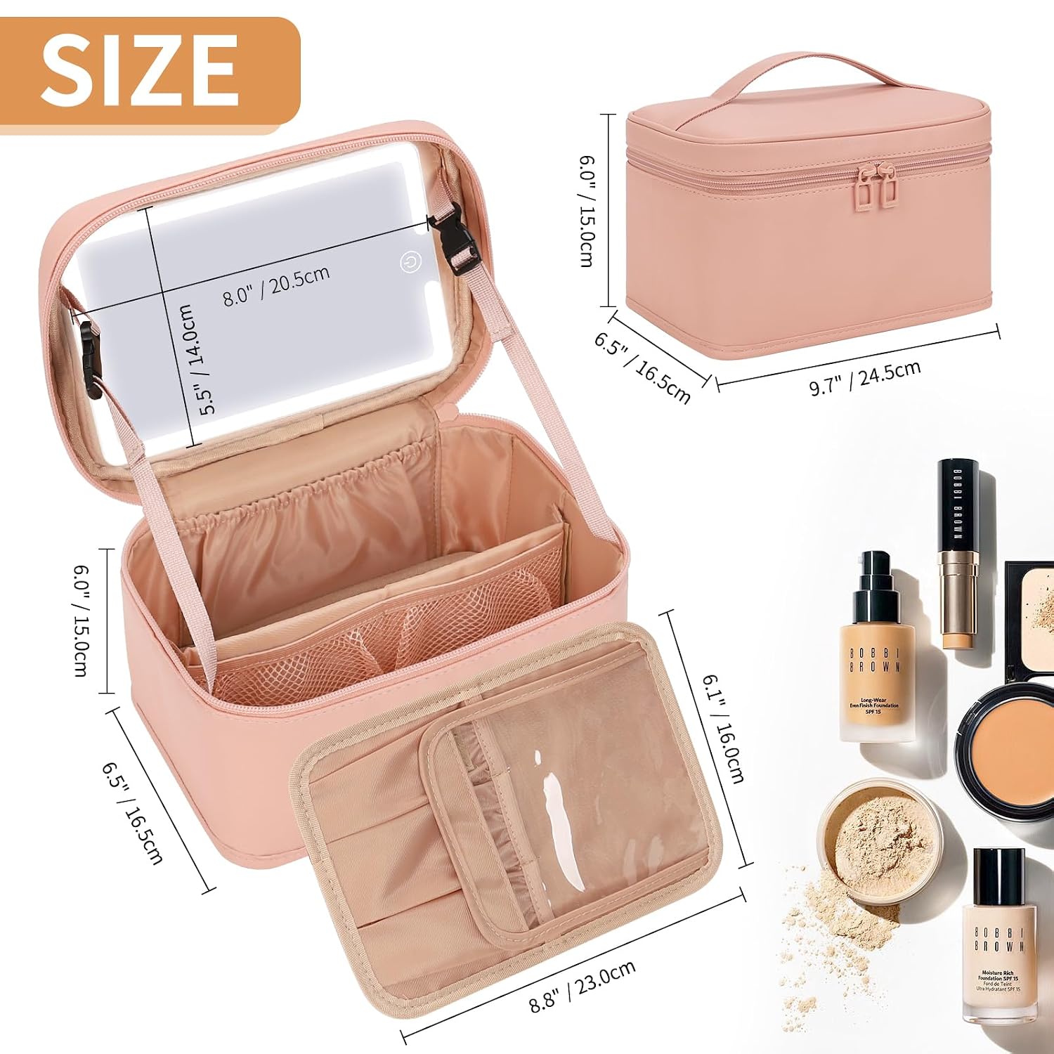 Makeup Bag With LED Mirror, Lightweight Travel Makeup Bag With 3 Color Setting Light Up Mirror Cosmetic Makeup