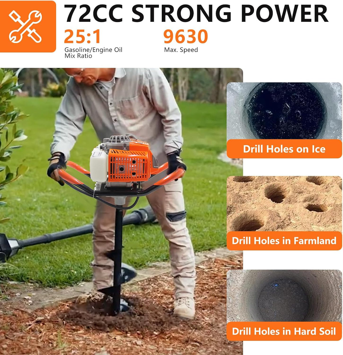 72CC Post Hole Digger Gas Powered, 2 Stroke Auger with 6" & 8" Bits | LightWeight Powerful. Easy start, One-Person