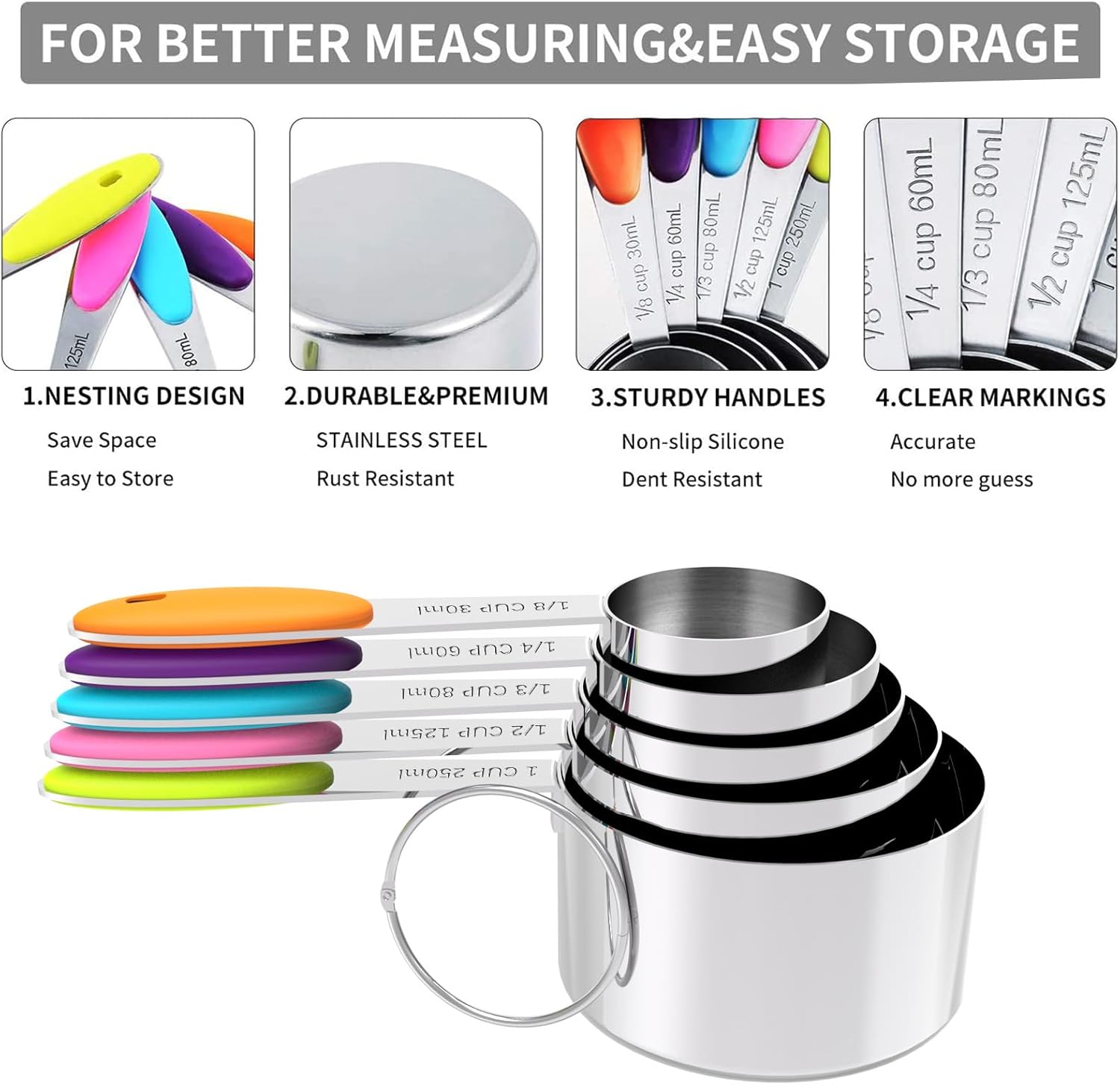 Nesting Measuring Cups and Spoons Set, Stainless Steel with Soft Silicone Handle – Heavy Duty & Dishwasher Safe for