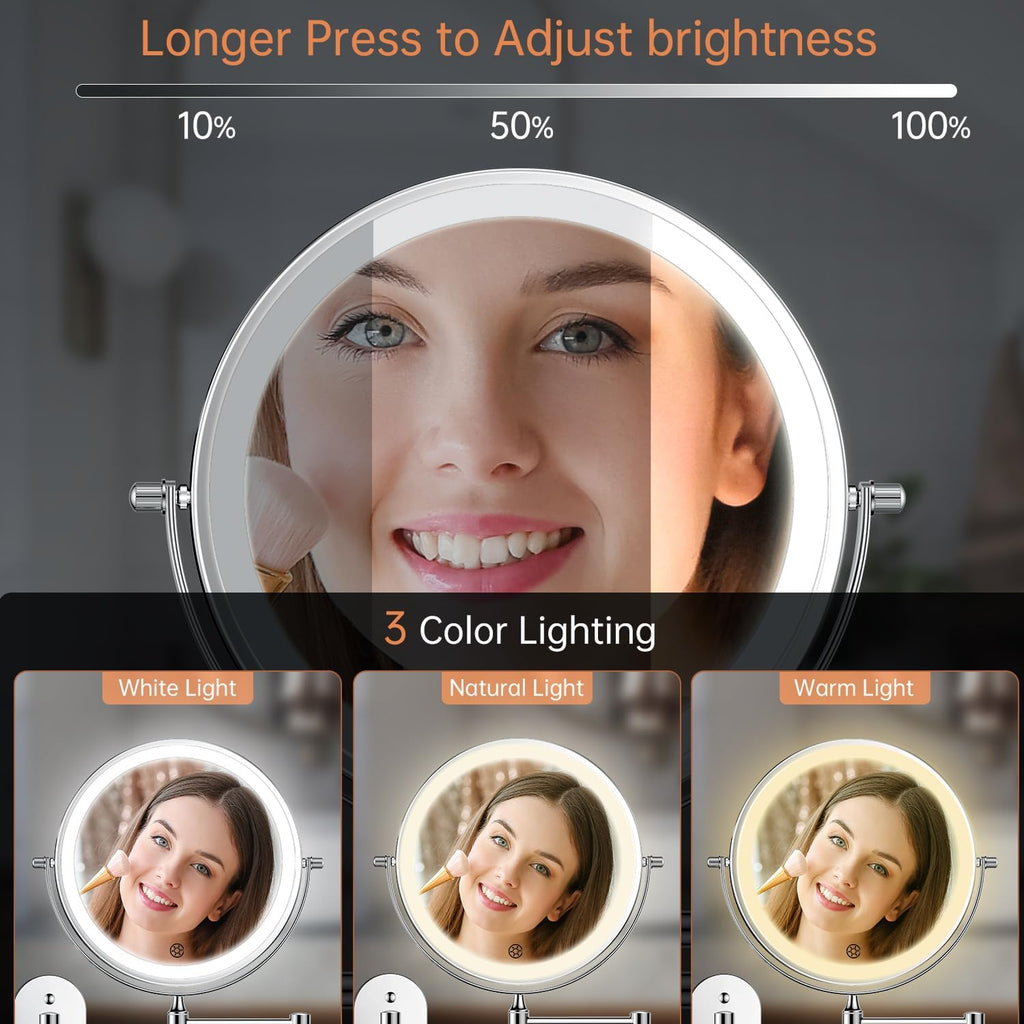 5000mAh Rechargeable Wall Mounted Lighted Makeup Mirror 1X30X | Double Sided 1X 30X Magnifying, 3 Color Lighting