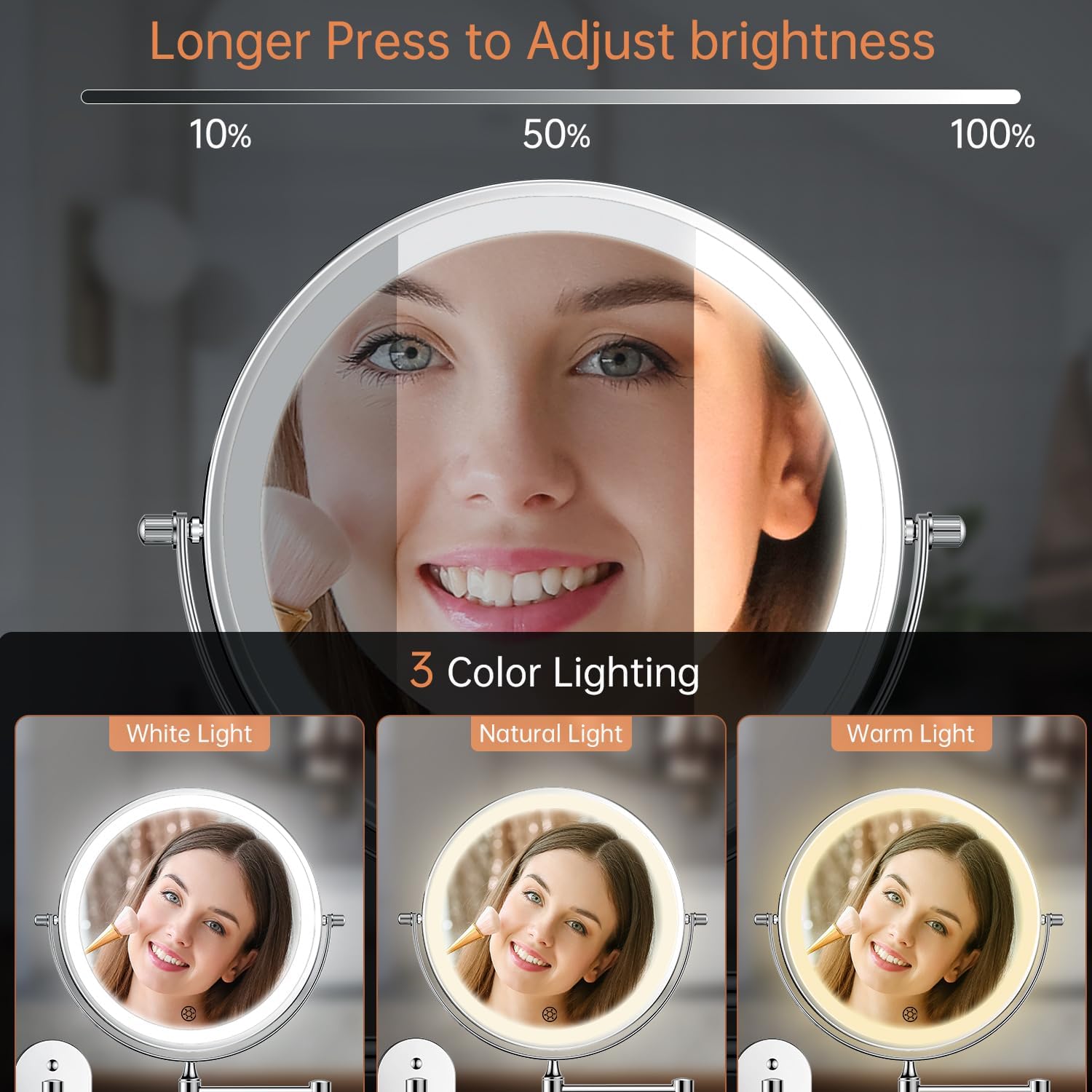 5000mAh Rechargeable Wall Mounted Lighted Makeup Mirror 1X30X | Double Sided 1X 30X Magnifying, 3 Color Lighting
