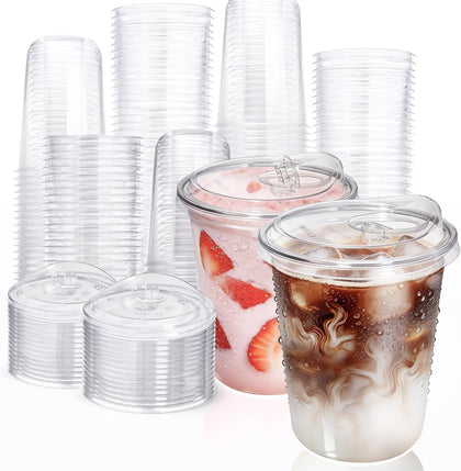 100 Pack 16 oz Round Bottom Clear Plastic Cups with Strawless Sip Lids, Disposable Iced coffee cups with lids