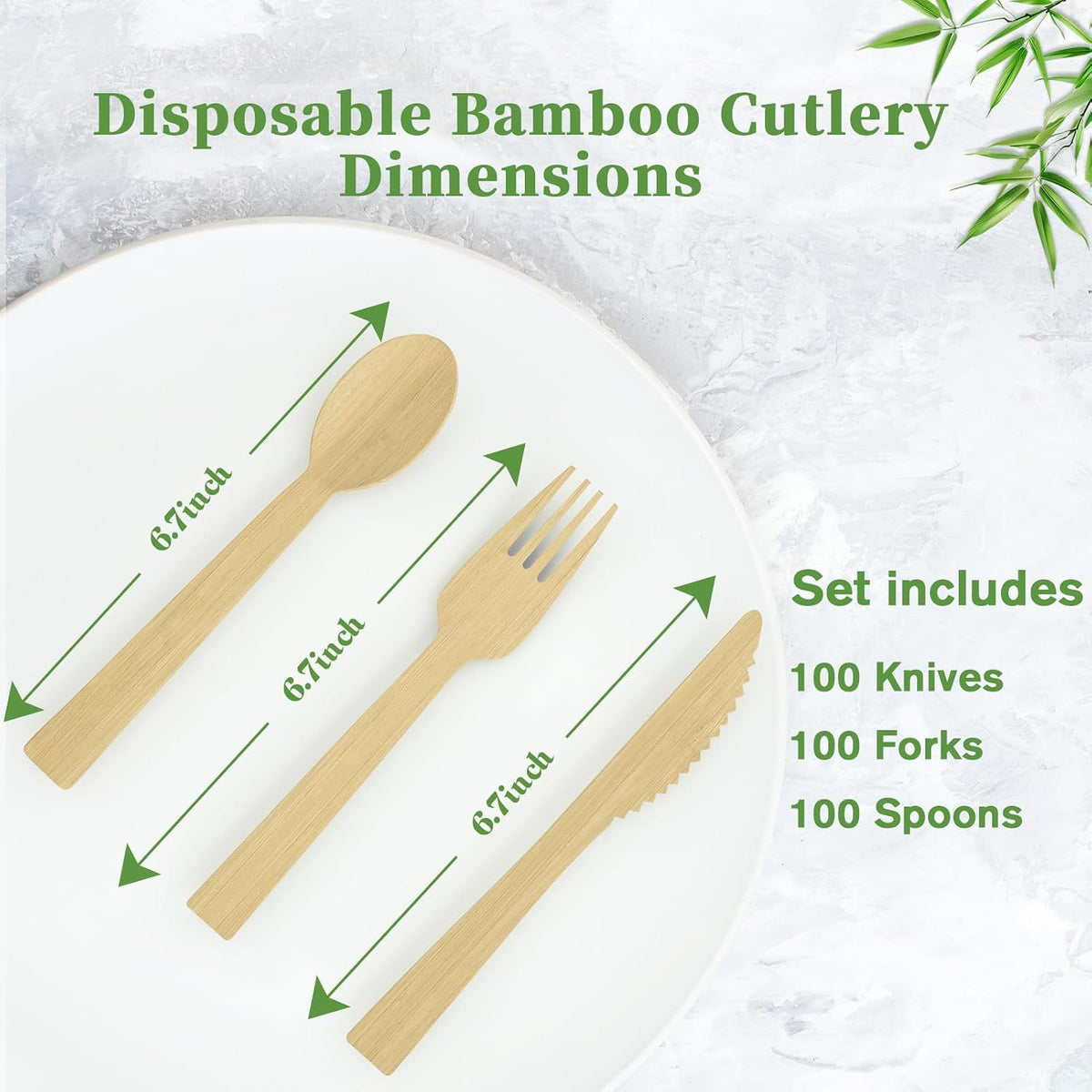 300 Count Bamboo Cutlery Set, 100 Knives, Forks and Spoons each