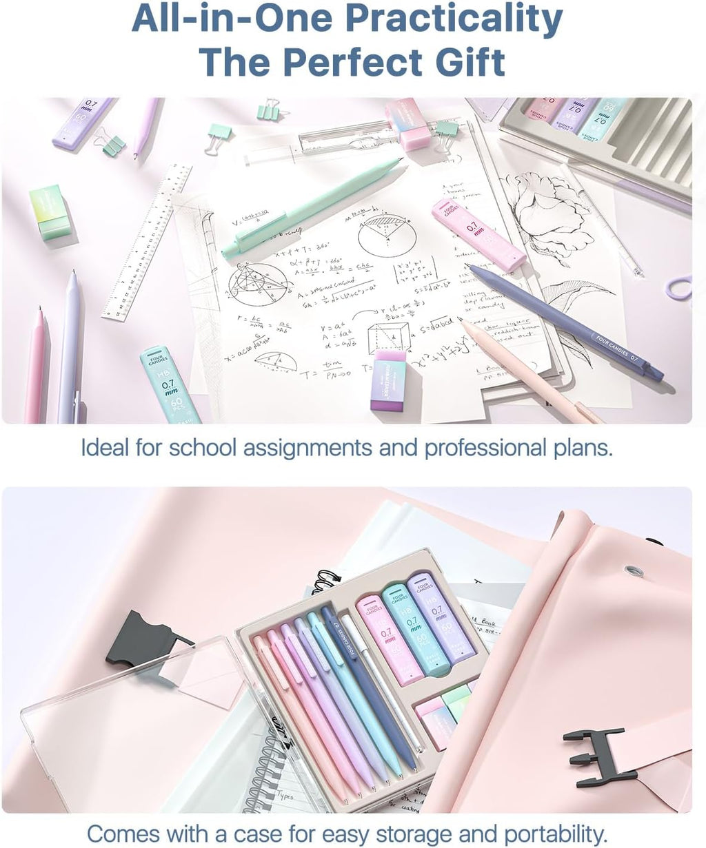 Cute Mechanical Pencil Set, 0.7mm Medium Point, 6-Count Pack | 360 HB/2B Leads, 3 Erasers, 9 Eraser Refills, Storage