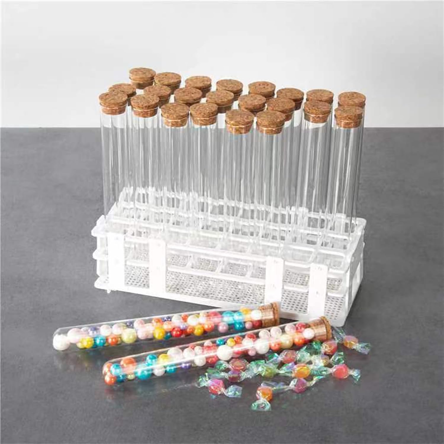 Glass Test Tube Set 24pcs 80ml Glass Test Tubes 25 x 200mm with Cork Stoppers and 1pcs 24 Holes Plastic Tubes Rack