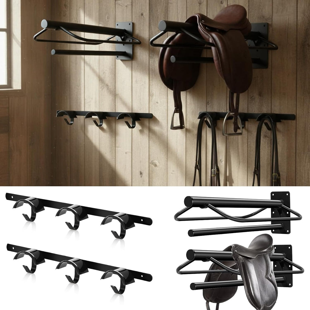4 Pcs Saddle Rack Wall Mount with Pad Bar Horse Tack Bridle Hooks Detachable Saddle Stand Metal Horse Bridle Rack