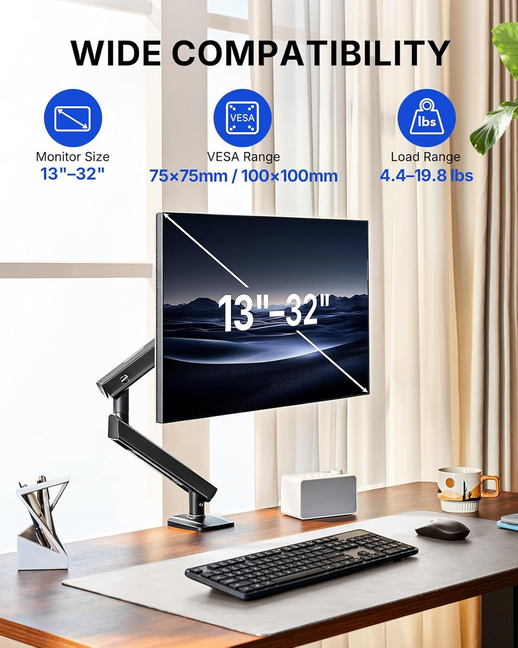 FlowLift Pro Monitor Arm for 13–32" Screens, MechaSpring Monitor Mount, Fully-Adjustable Monitor Stand with