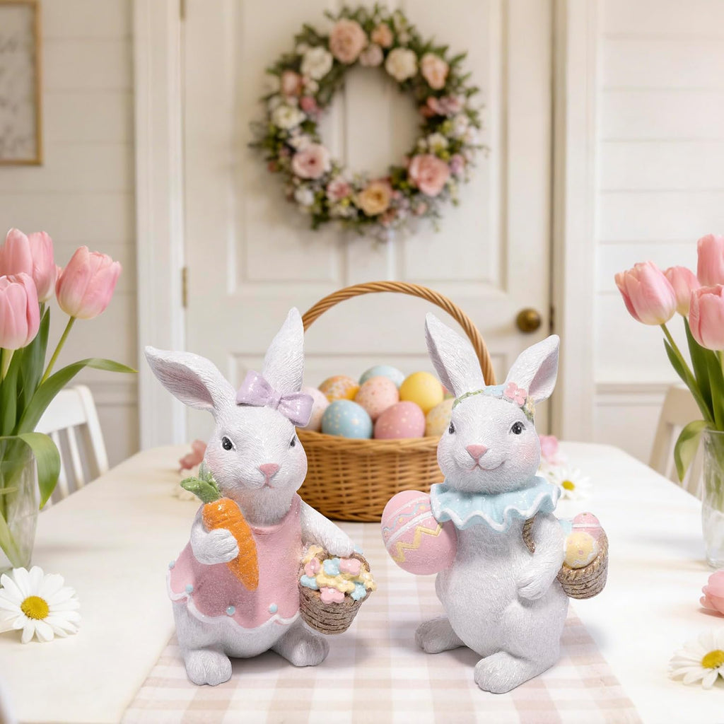 Easter Bunny Figurines Set, Spring Rabbit Decor with Easter Eggs Basket, Floral Wreath Bunny Statues, Tabletop Home