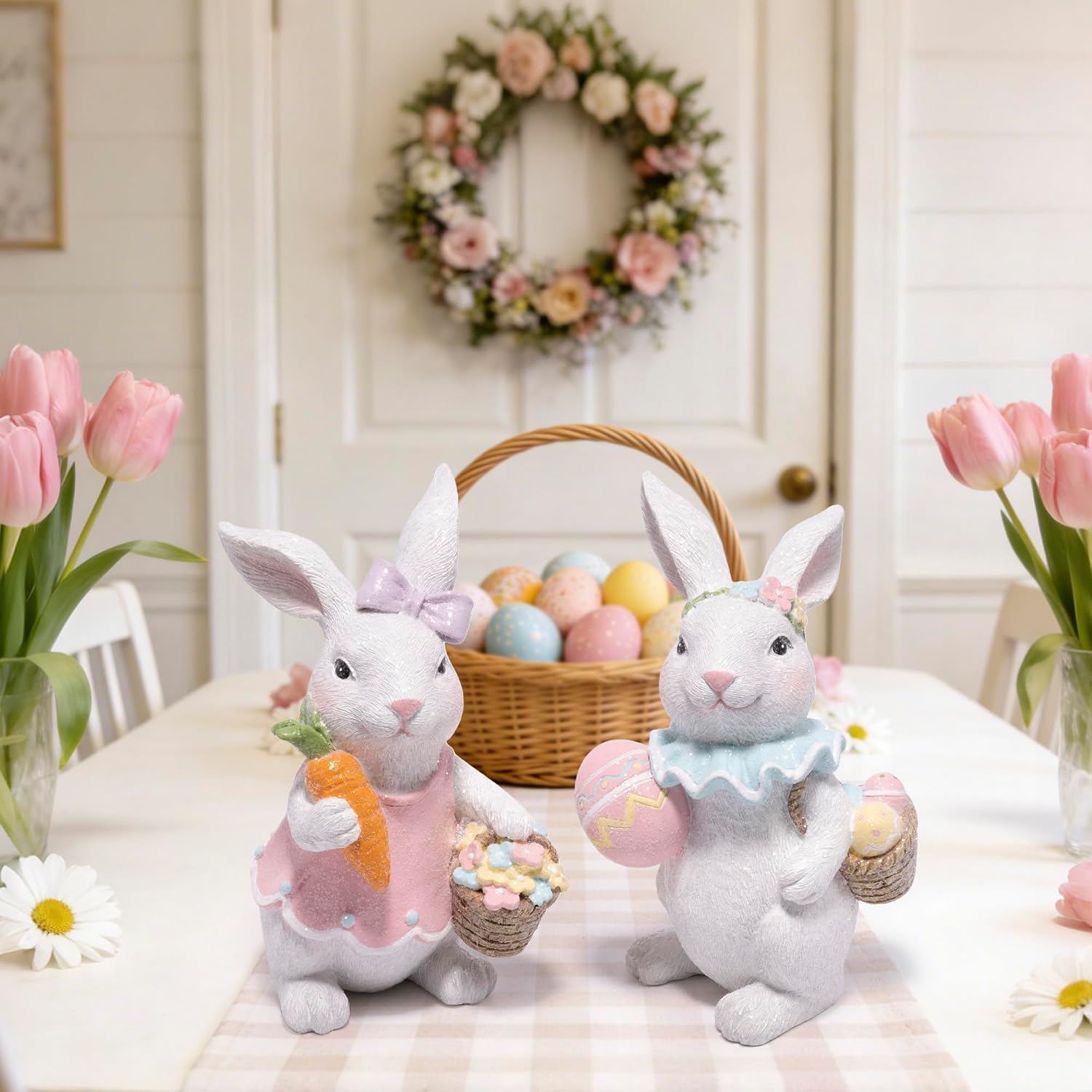 Easter Bunny Figurines Set, Spring Rabbit Decor with Easter Eggs Basket, Floral Wreath Bunny Statues, Tabletop Home