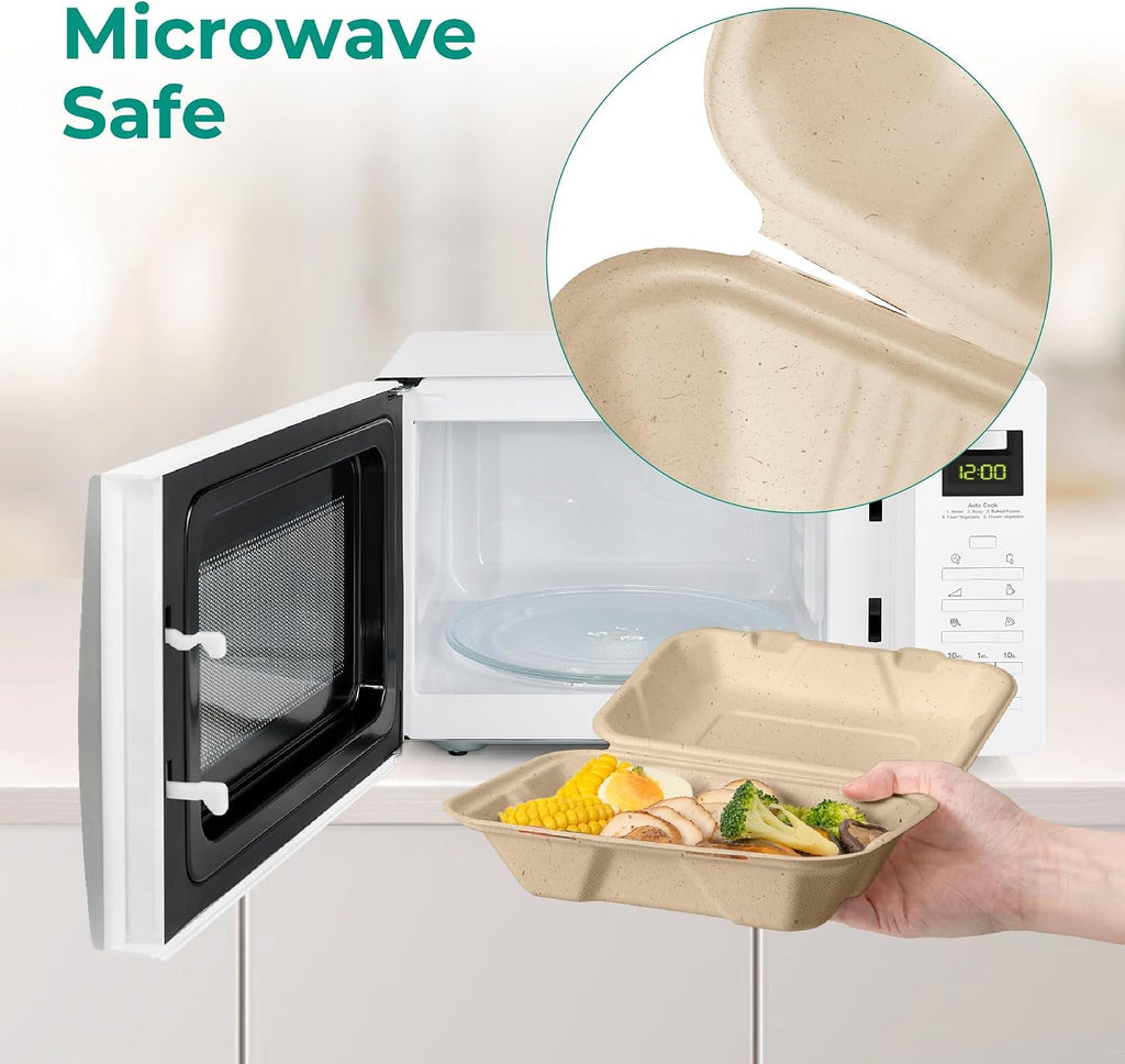 100 Pack 9x6 Compostable To Go Food Containers, Disposable To Go Boxes for Food, Lunch Boxes, Clamshell Take Out