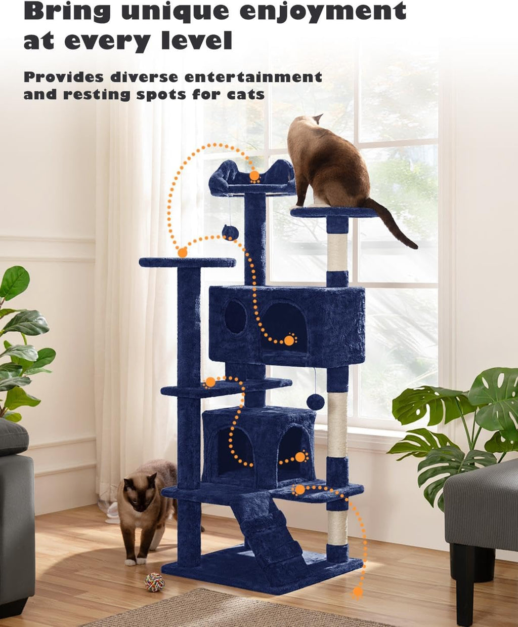 54in Cat Tree Tower, 2 Caves, Kitten-Ear Perch & Scratching Posts
