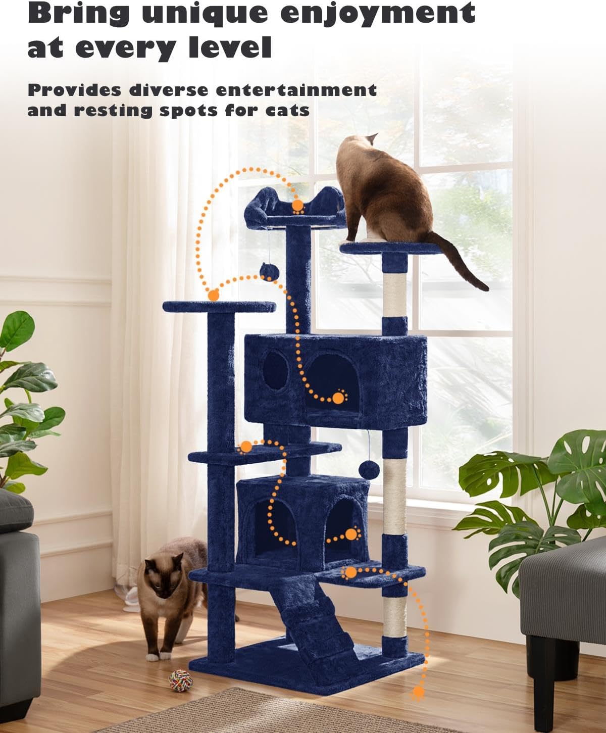 54in Cat Tree Tower, 2 Caves, Kitten-Ear Perch & Scratching Posts