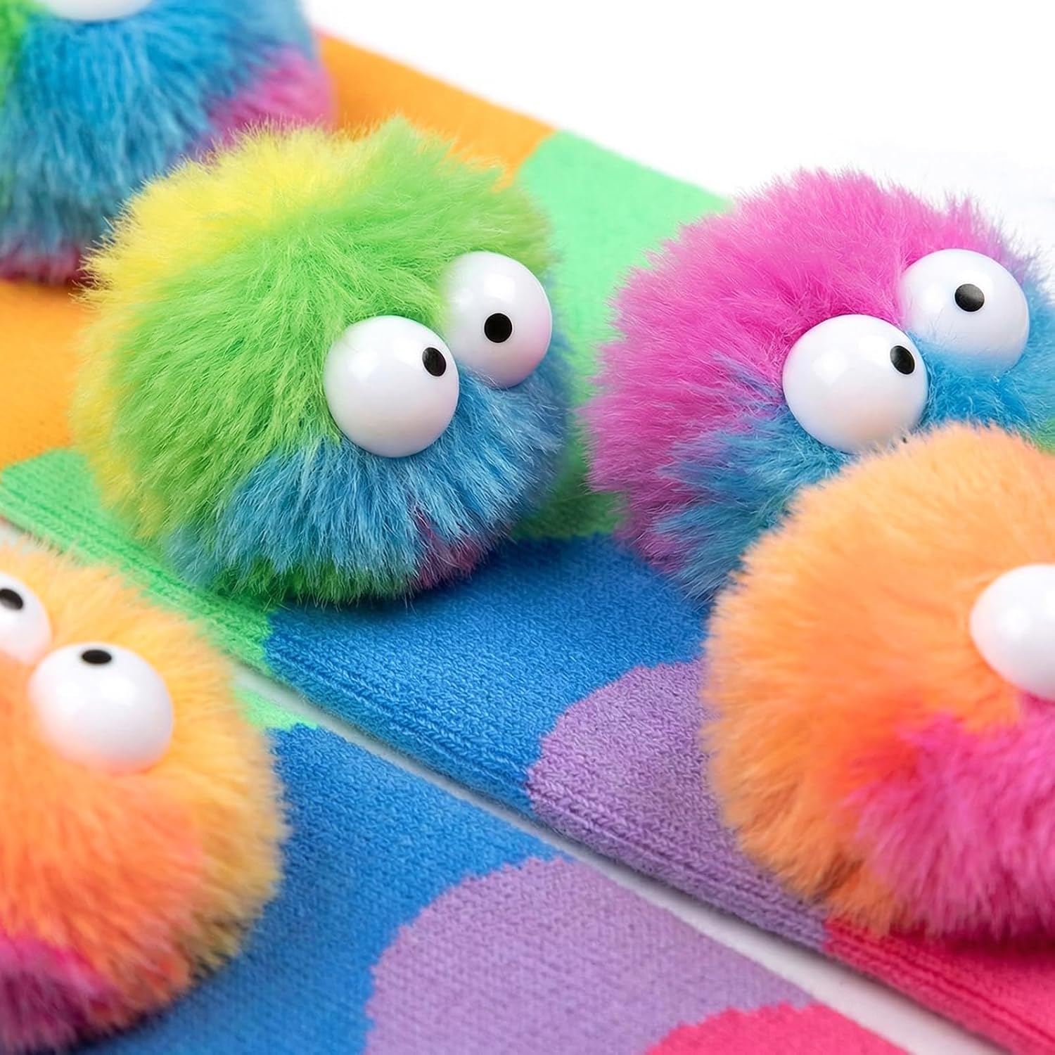Crazy Socks for Kids Girls 3D Monster Pom Pom Rainbow Knee High Socks | Funny Novelty Wiggle Eye Monster Socks for