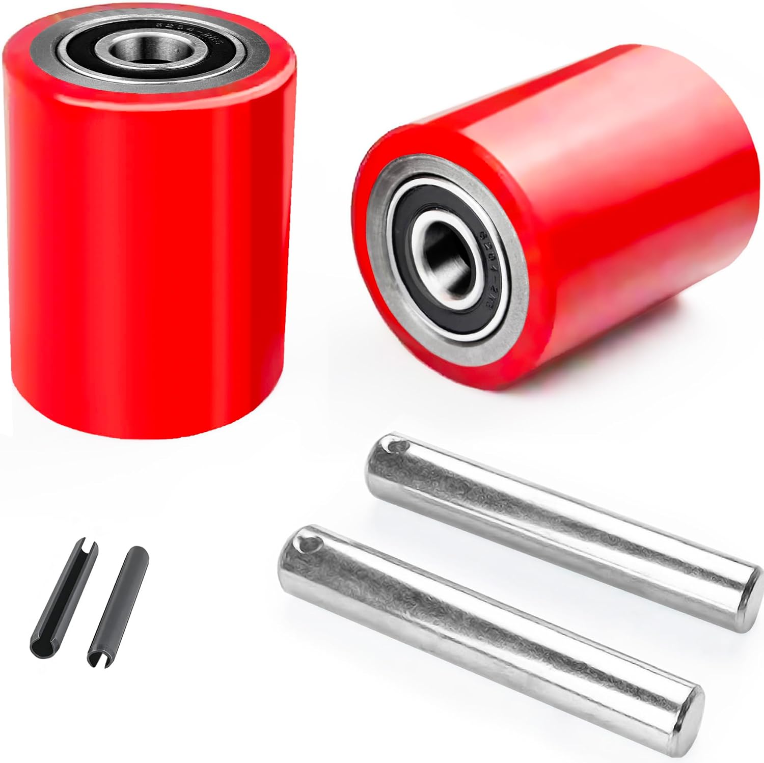 A Pair Pallet Jack Load Wheels Replacement Kit 3"x3.75"(74.5mm x 93mm) Red | Including Heavy Duty PU Tread