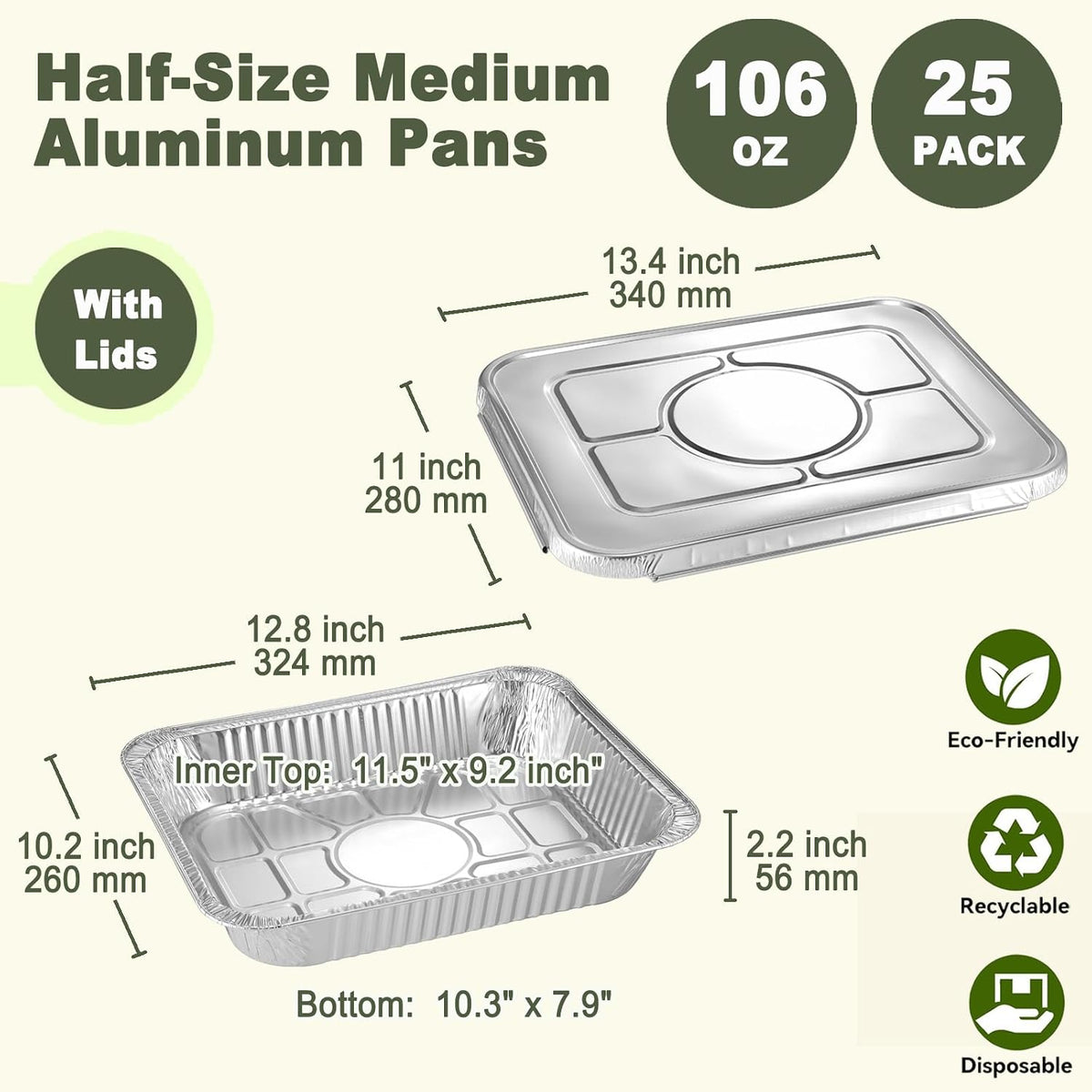 Half Size Medium Steam Table Pans with Foil Lids, 25 Pack