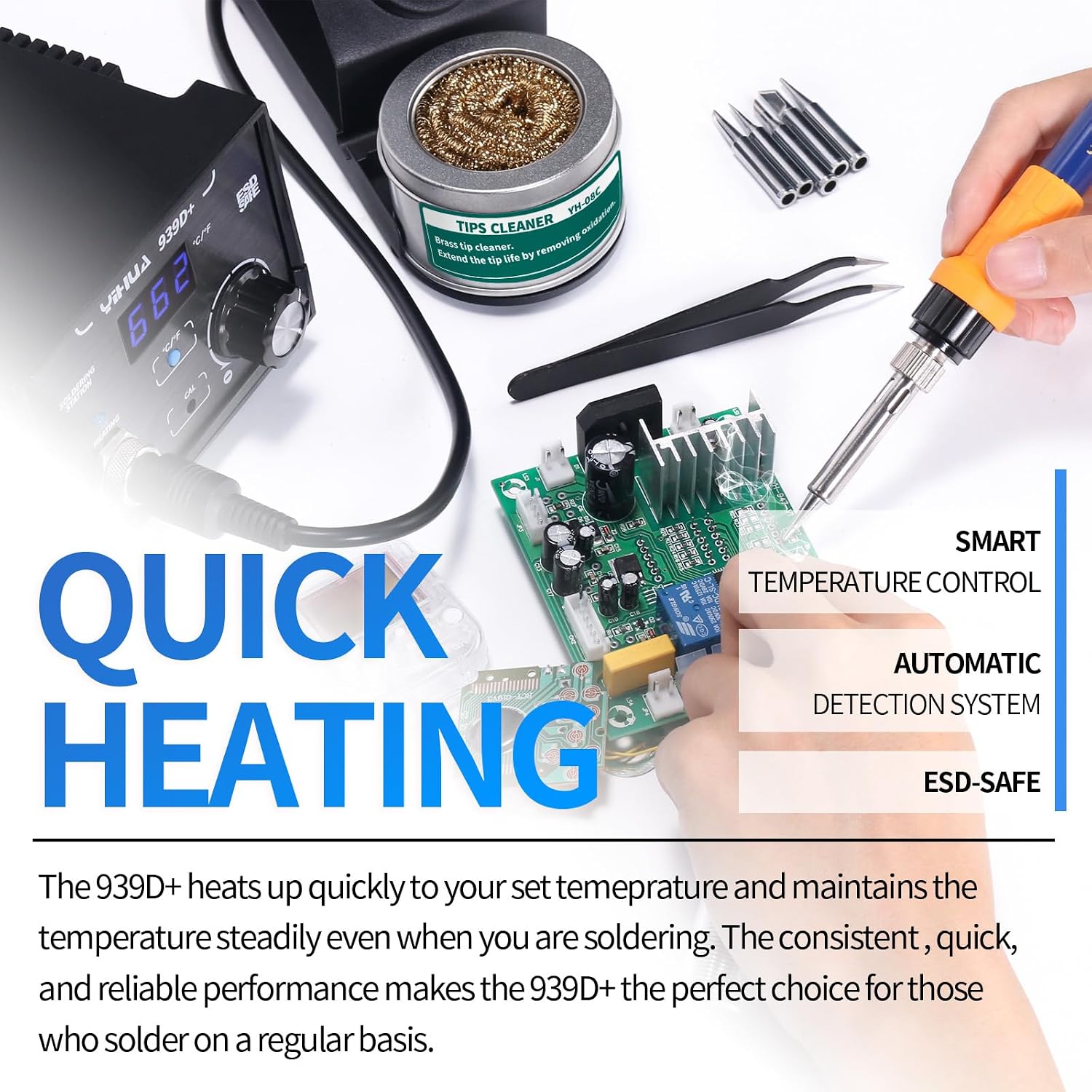 939D+ Digital Soldering Station, 75W Equivalent with Precision Heat Control (392°F to 896°F) and Built-in