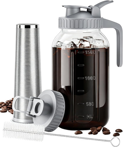 64 oz Cold Brew Coffee Maker, Mason Jar Pitcher with Stainless Steel Filter | Airtight, Leak Proof, 100 Micron Weave