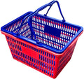 Stackable Plastic Shopping Baskets, Red and Blue, Easy-Grip Handles for Grocery, Retail, Liquor Stores, Home Use