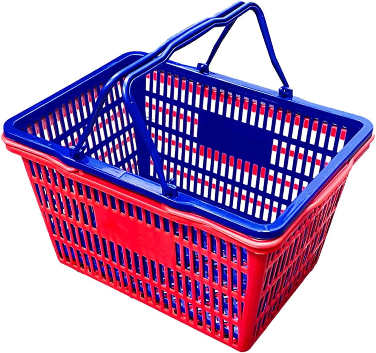Stackable Plastic Shopping Baskets, Red and Blue, Easy-Grip Handles for Grocery, Retail, Liquor Stores, Home Use