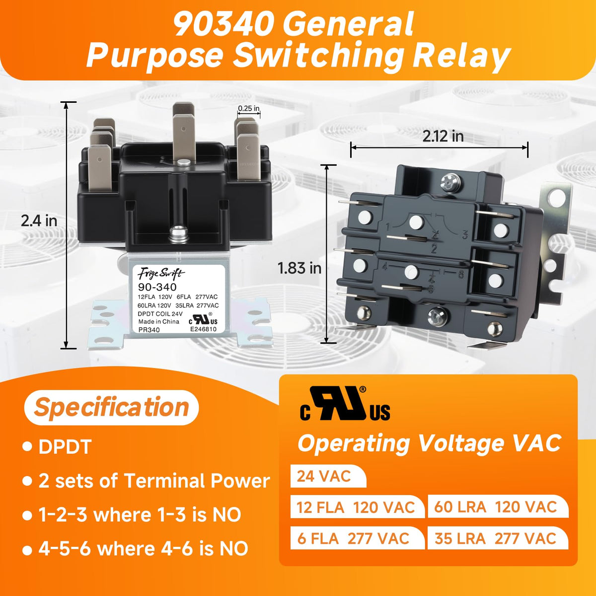 FrigeSwift 90340 General Purpose Switching Relay, 24 VAC Control Coil DPDT