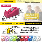 Compact Desktop Tape Dispenser with 6 Rolls 3/4" Clear Tape, Rose Red