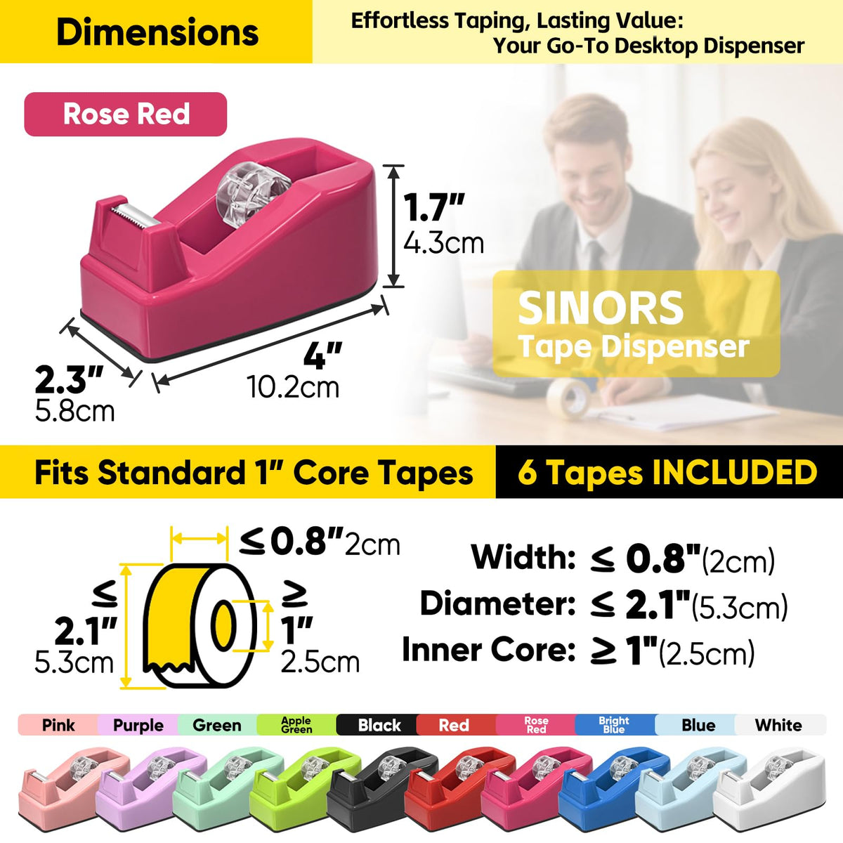 Compact Desktop Tape Dispenser with 6 Rolls 3/4" Clear Tape, Rose Red