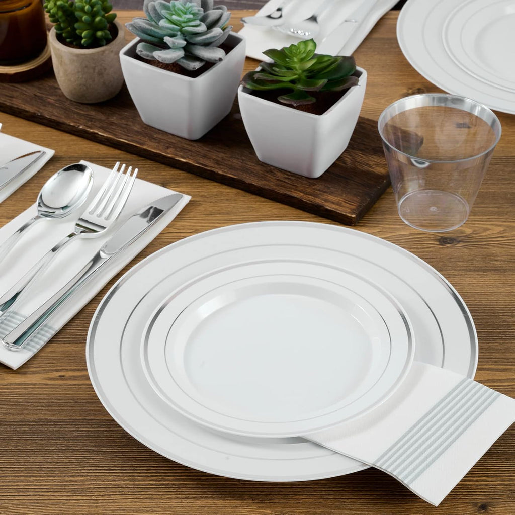 Silver Plastic Plates Set of 60,Disposable Plates with Silver Rim