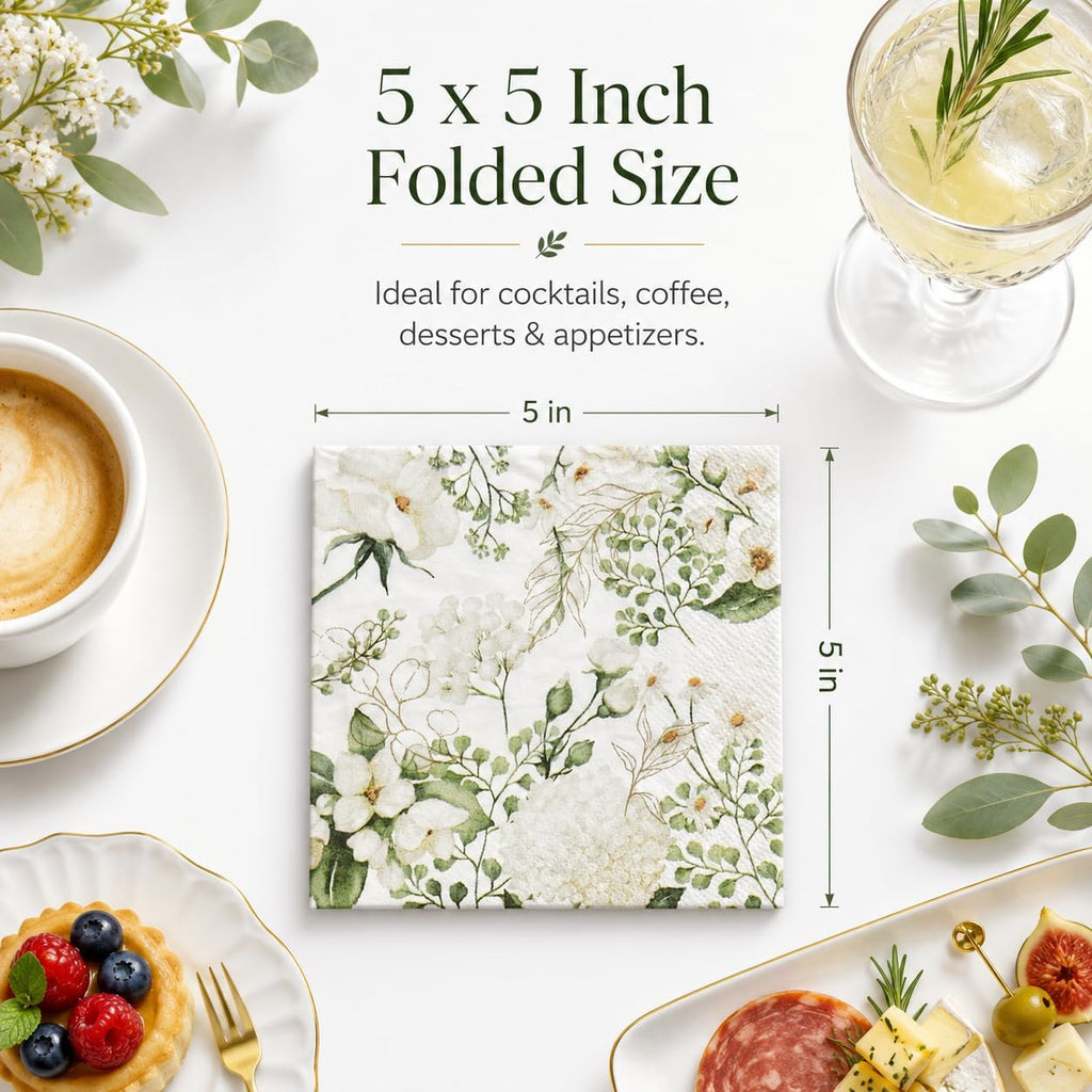 White Green Floral Cocktail Napkins 100 Count Botanical Beverage Napkins